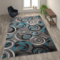 Flash Furniture ACD-RG414-810-TQ-GG Masie Collection 8' x 10' Turquoise Swirl Olefin Area Rug with Jute Backing - Entryway, Living Room, Bedroom